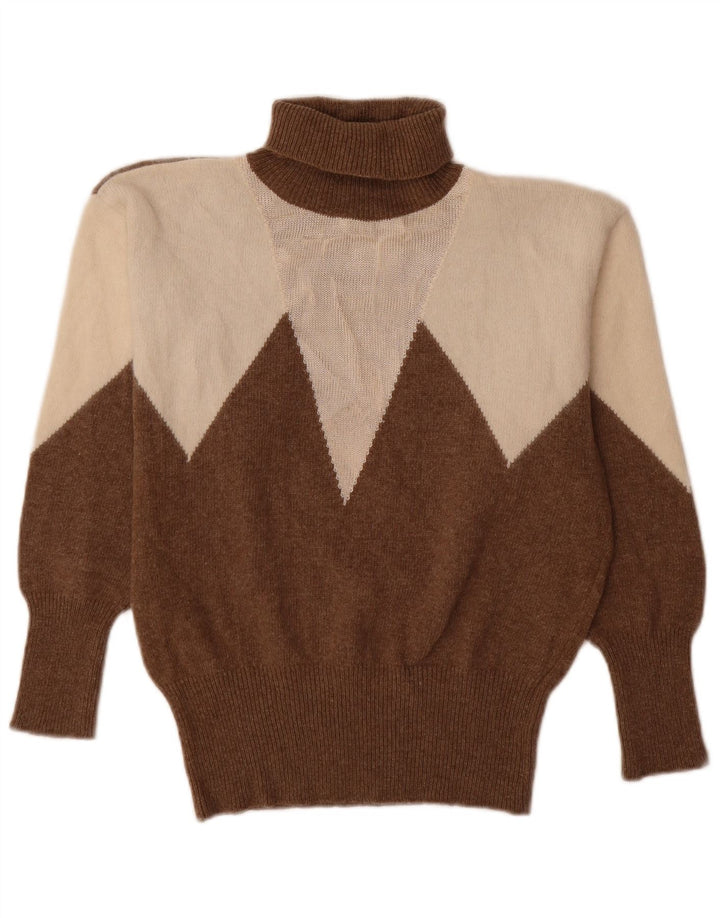 Suéter feminino vintage com gola redonda Reino Unido 14 lã colorblock marrom médio