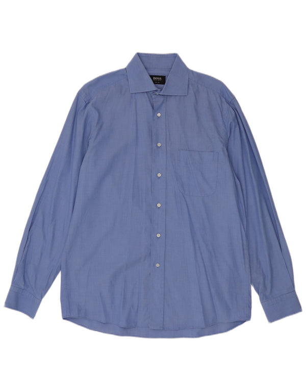 Camisa masculina Hugo Boss tamanho 39 15 1/2 algodão azul médio
