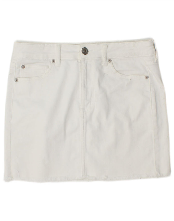 Mini saia jeans feminina AMERICAN EAGLE UK 14 médio W30 algodão branco