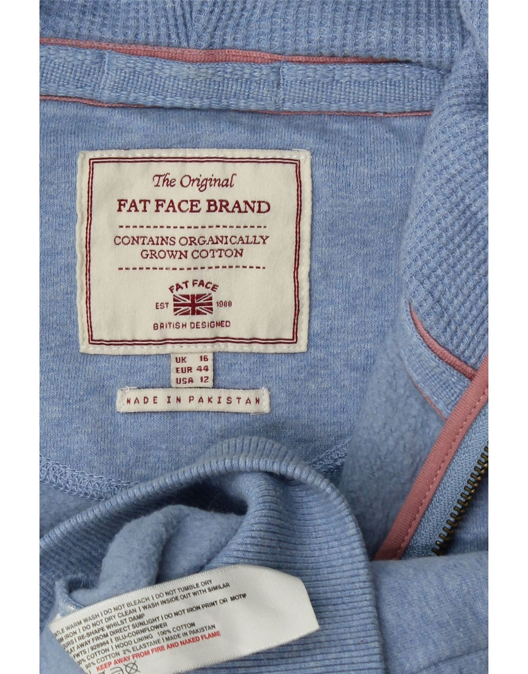 Suéter feminino com capuz e zíper FAT FACE Reino Unido 16 grande algodão azul