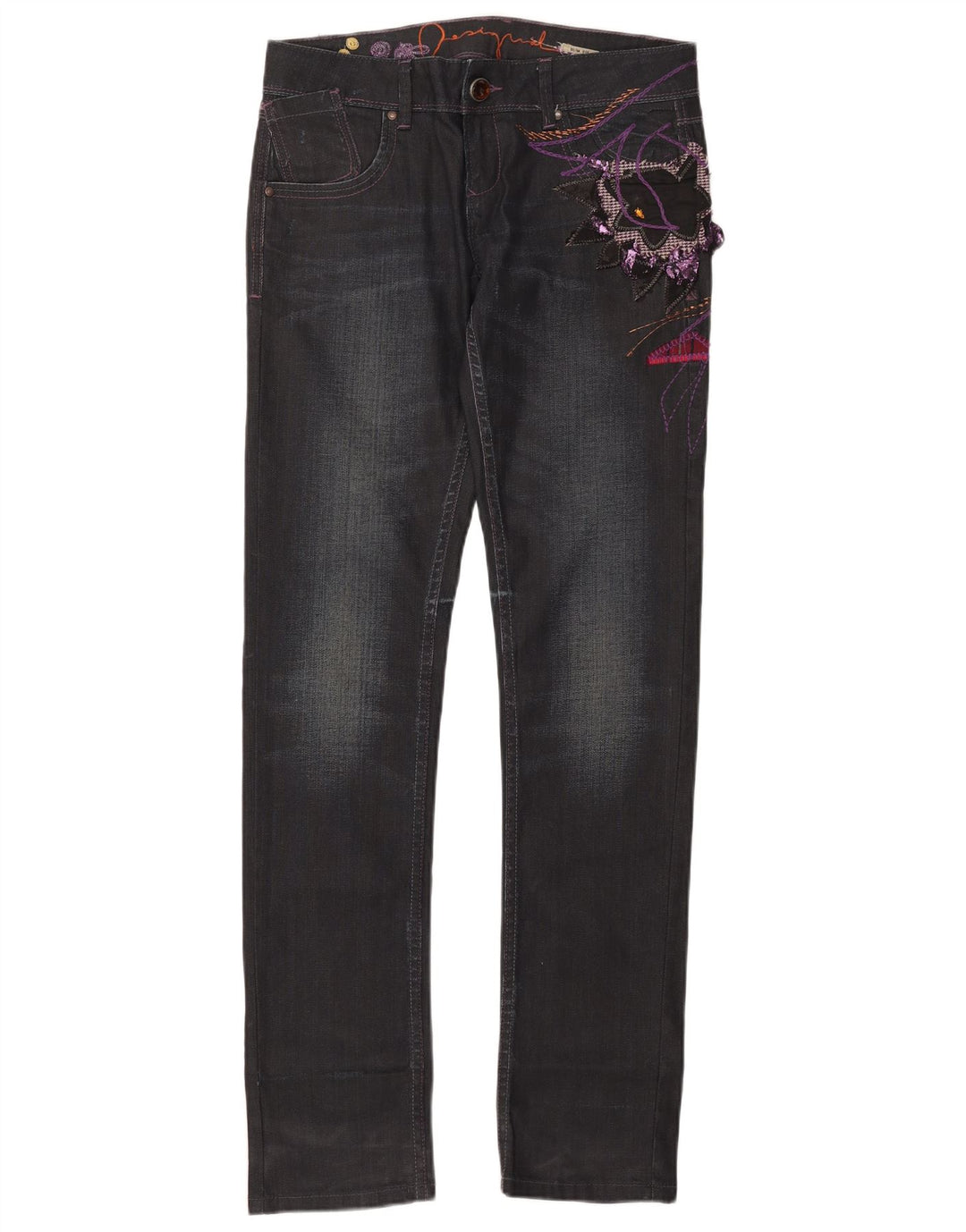 Desigual Jeans feminino gráfico slim EU 40 médio W32 L35 algodão preto