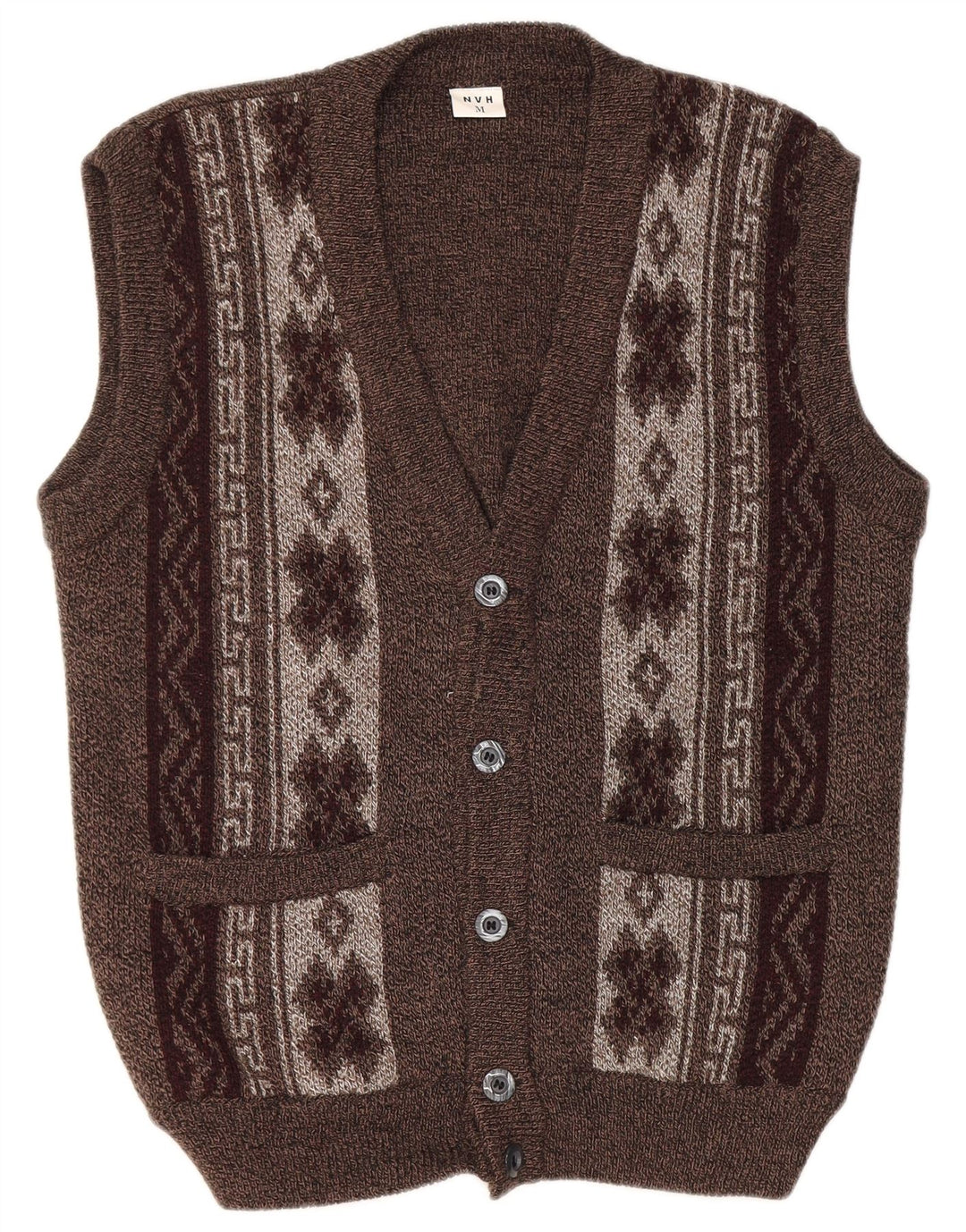 Suéter cardigã masculino sem mangas VINTAGE marrom médio Fair Isle
