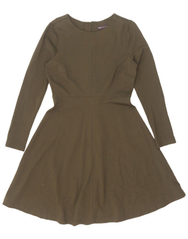 Vestido feminino Marks & Spencer manga comprida evasê Reino Unido 12 viscose cáqui médio