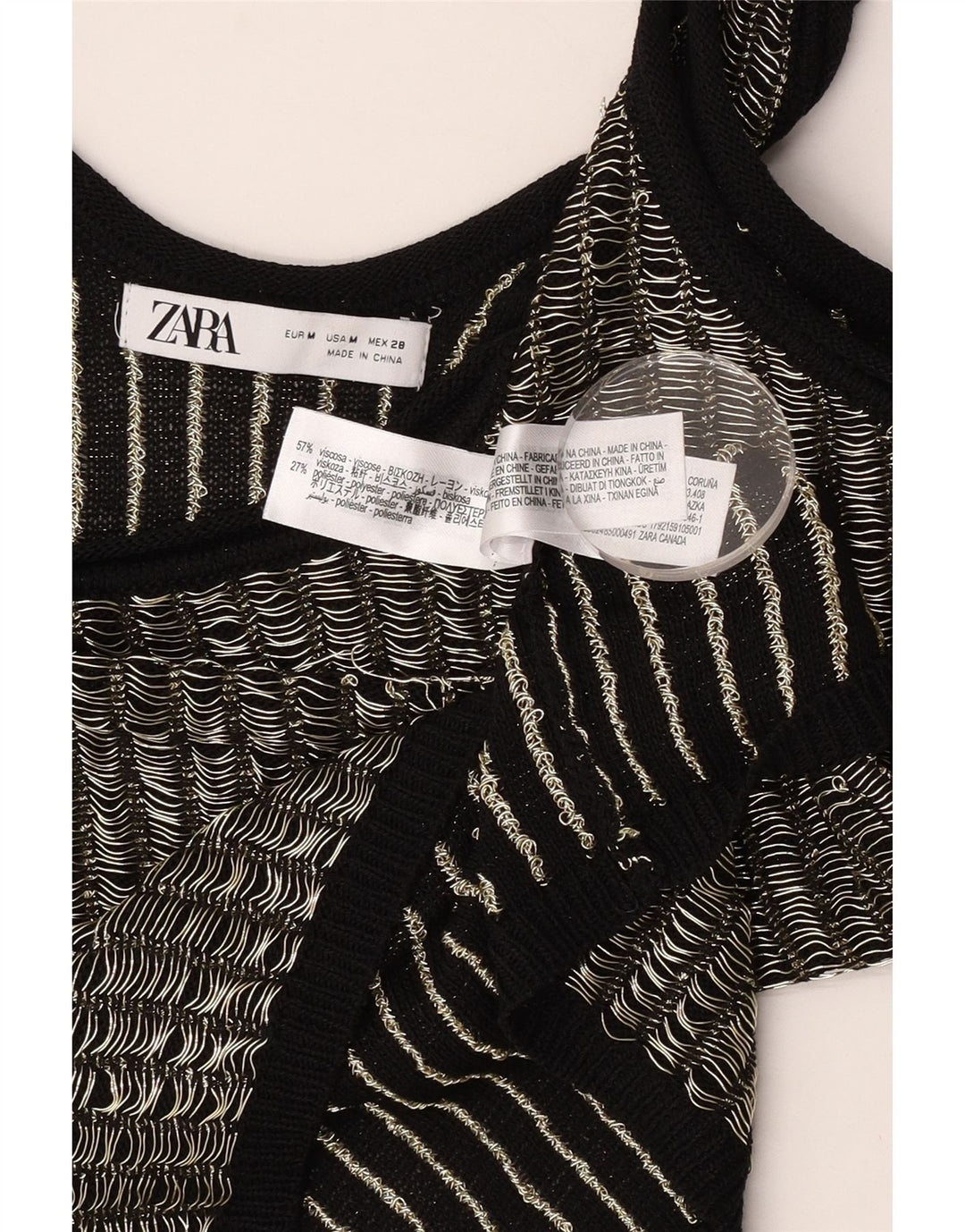 Zara Womens Crop Vest Top UK 12 Médio Preto Listrado Viscose