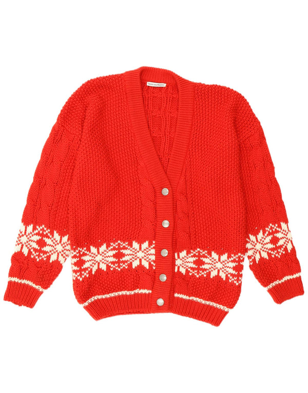 Suéter cardigã feminino vintage com floco de neve Reino Unido 14 grande Red Fair Isle retrô