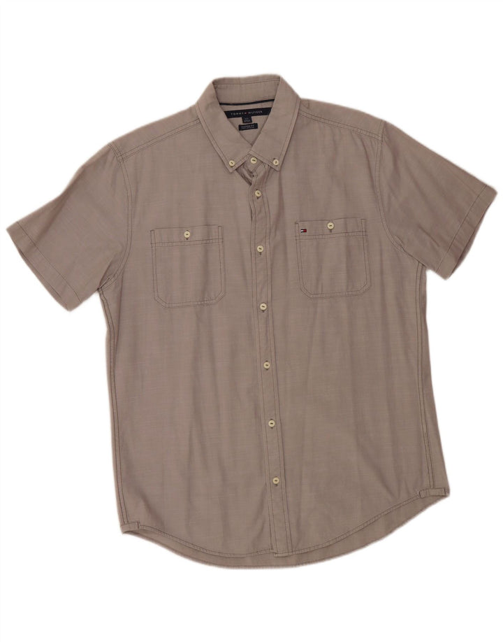 Camisa masculina de manga curta TOMMY HILFIGER Custom Fit grande cinza