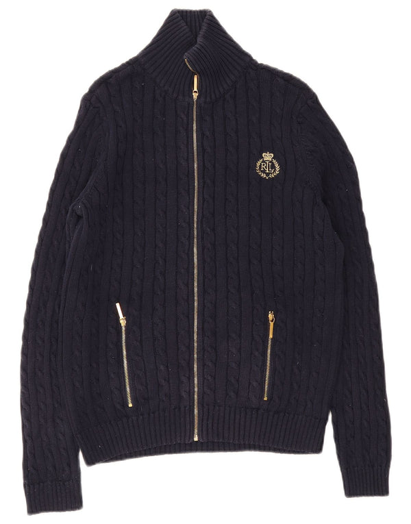 Suéter cardigã feminino Ralph Lauren com zíper completo Reino Unido 10 pequeno algodão azul marinho