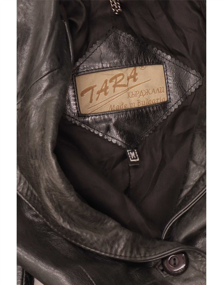 Casaco de couro feminino vintage UK 12 médio preto