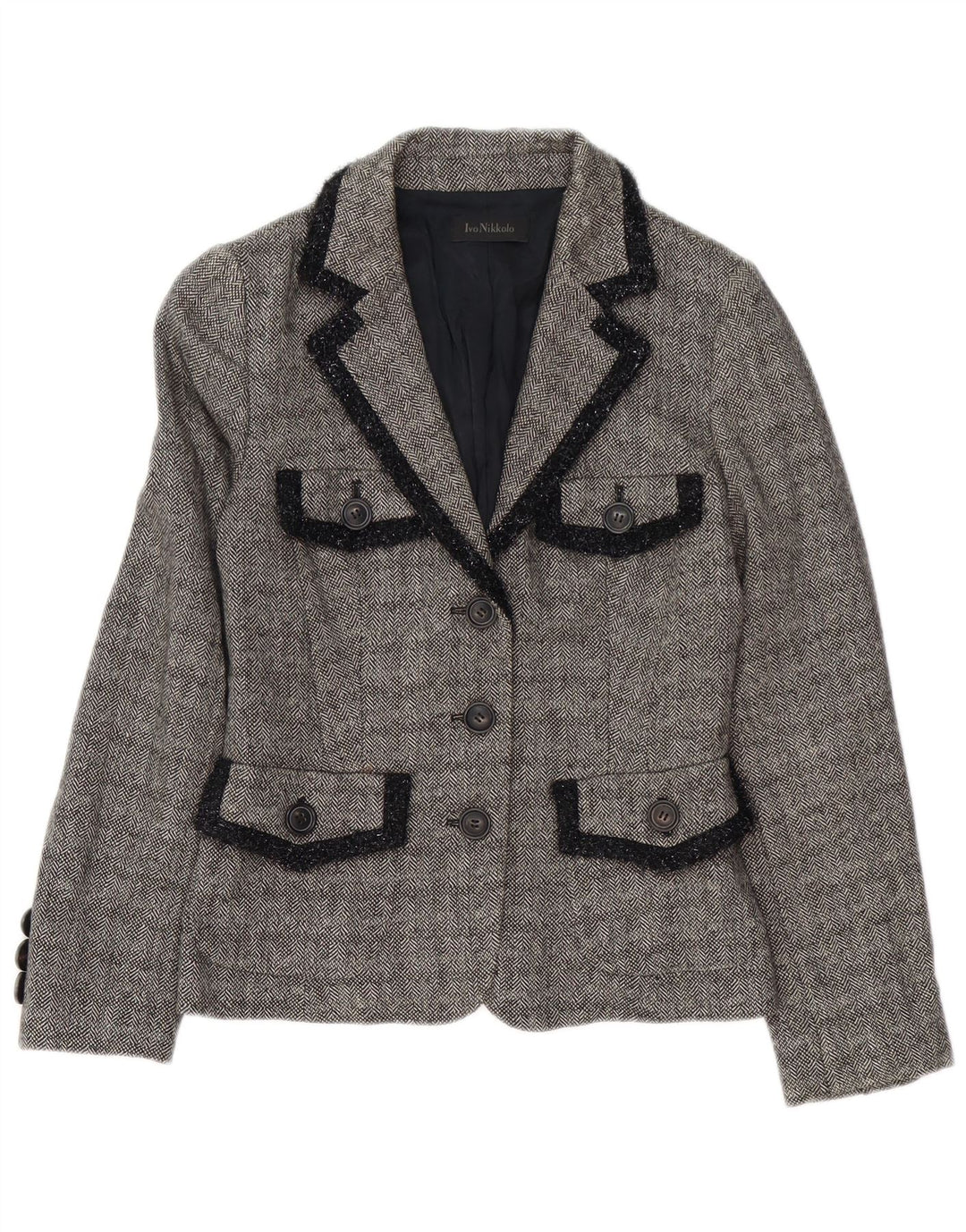 VINTAGE Womens 3 Button Blazer Jacket UK 10 Small Grey Herringbone Linen