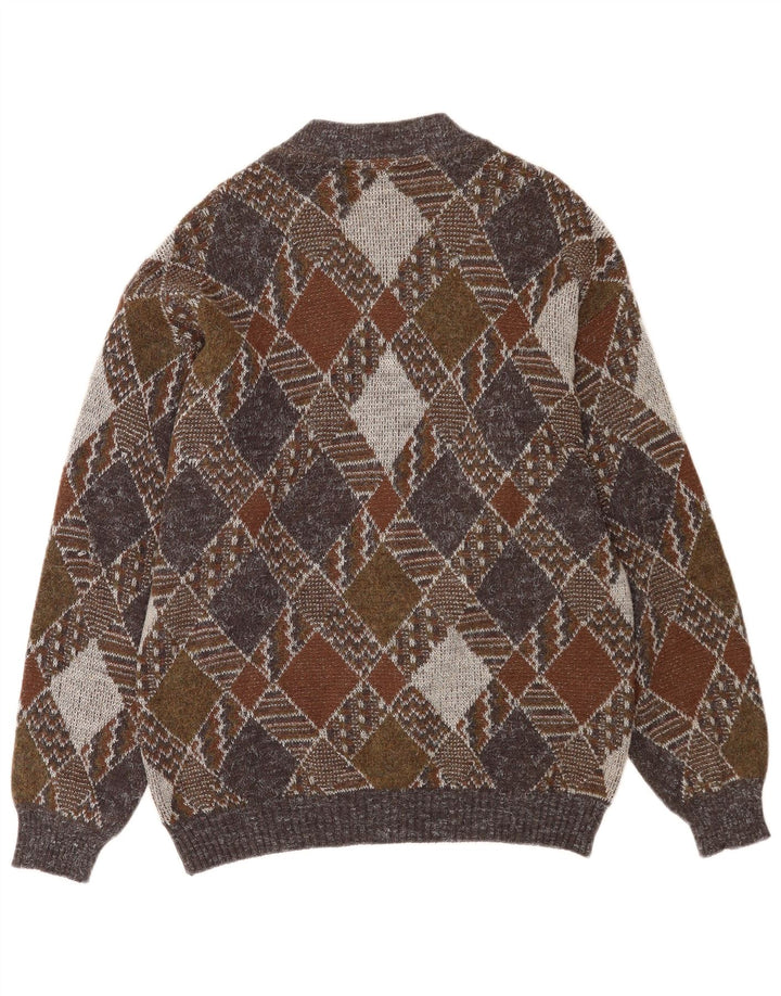 Suéter cardigã masculino vintage com zíper completo médio multicolorido Argyle/Diamante