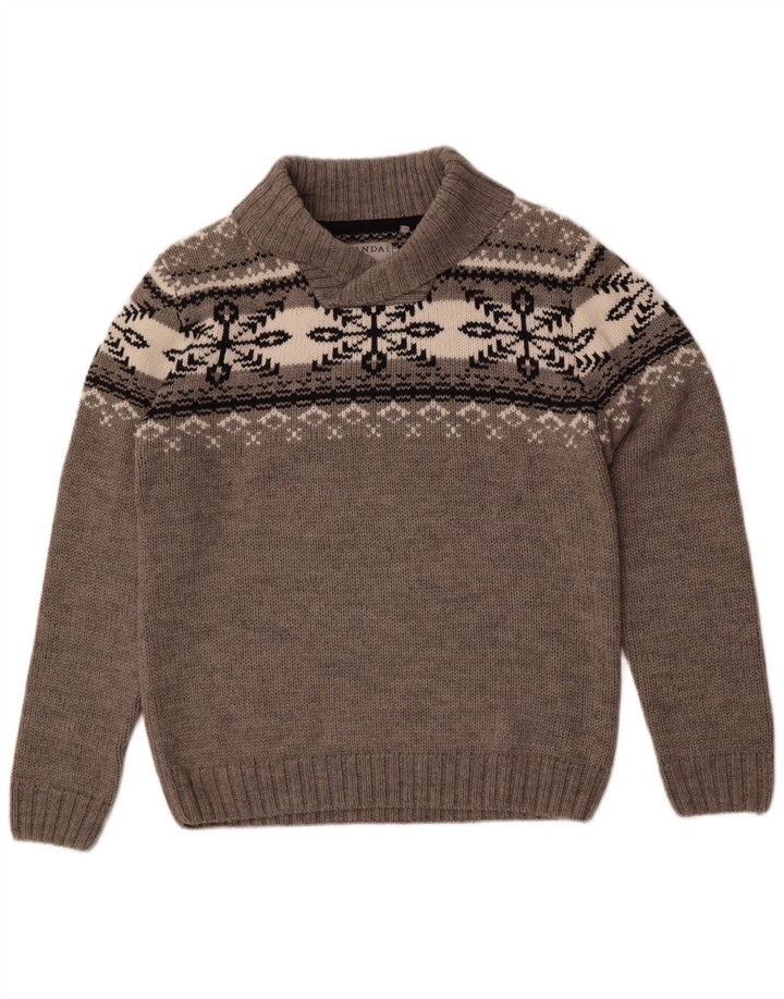 Suéter masculino Canda com gola xale grande cinza Fair Isle