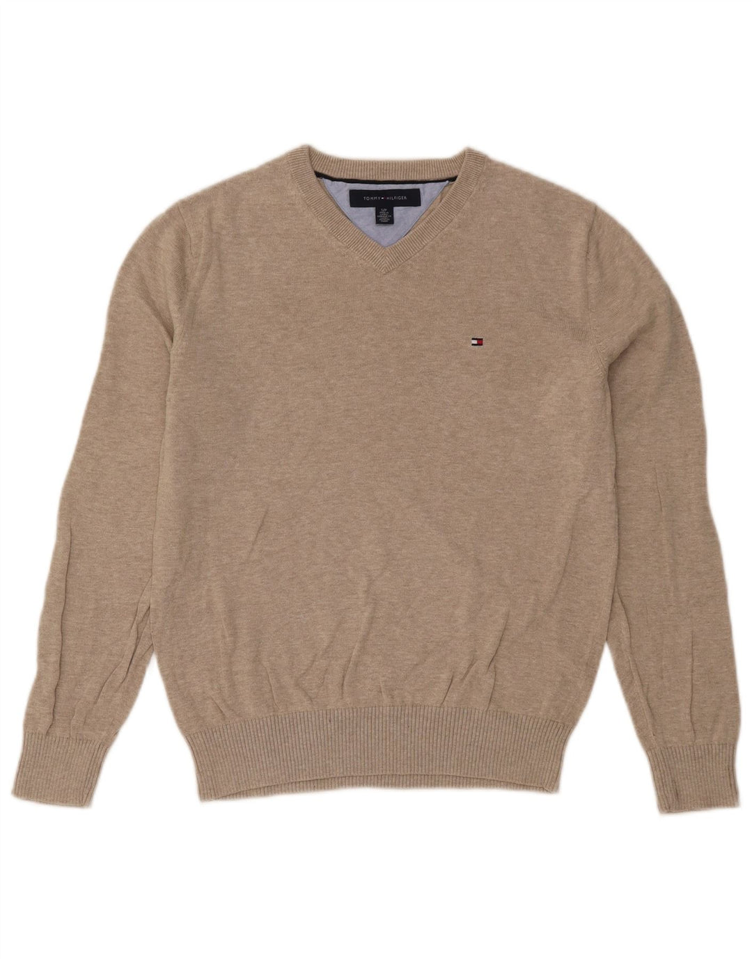 Suéter masculino Tommy Hilfiger com decote em V pequeno bege manchado