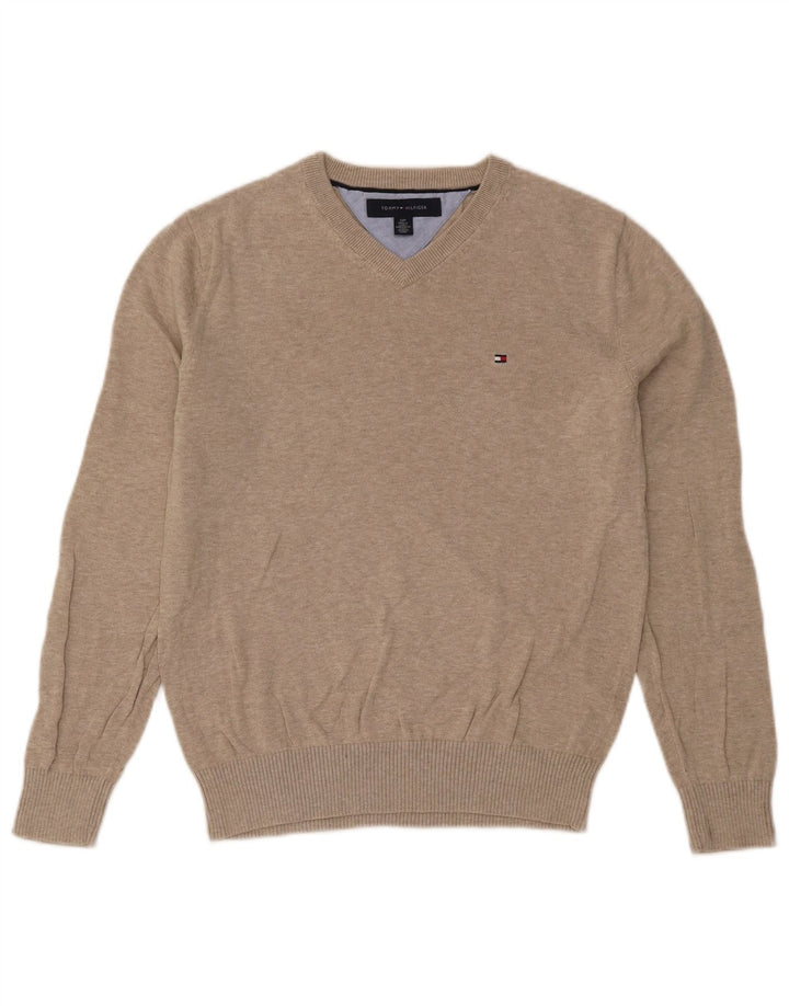 Suéter masculino Tommy Hilfiger com decote em V pequeno bege manchado
