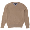 Suéter masculino Tommy Hilfiger com decote em V pequeno bege manchado