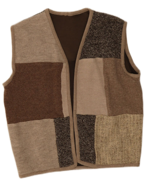 Suéter cardigã aberto sem mangas feminino vintage Reino Unido 16 patchwork bege grande