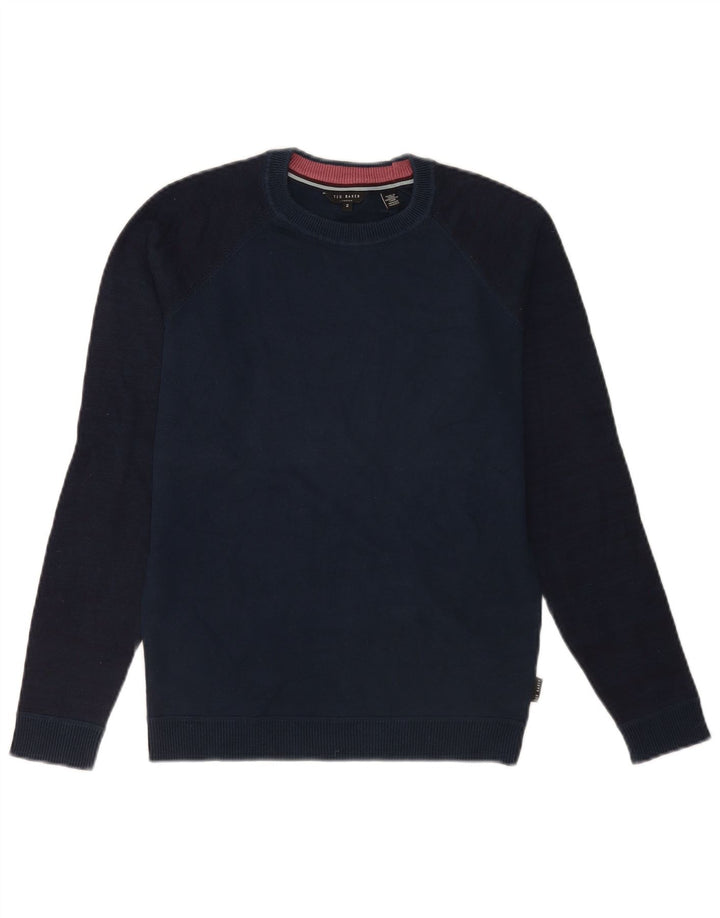Suéter masculino Ted Baker com gola redonda tamanho 2 pequeno azul marinho