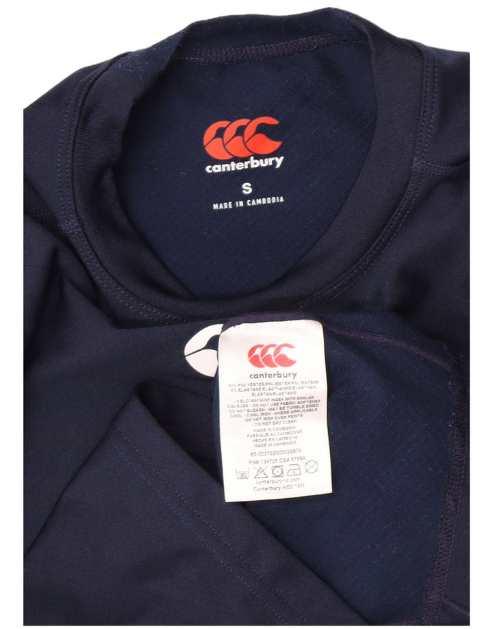 Top gráfico feminino Canterbury manga comprida Reino Unido 10 pequeno poliéster azul marinho