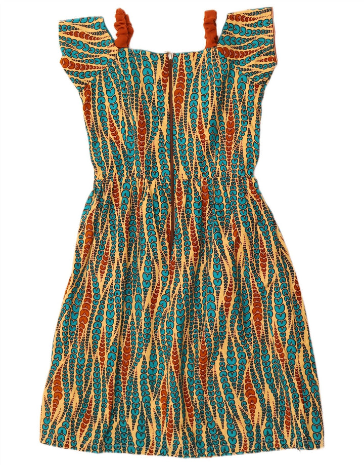 Vestido vintage feminino linha A UK 10 pequeno geométrico multicolorido