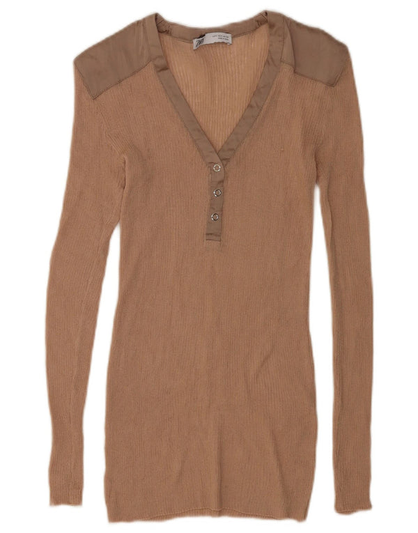 Top feminino Zara de manga comprida UK 10 pequeno bloco colorido bege