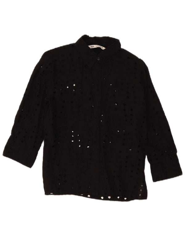 Blusa feminina Zara manga 3/4 Reino Unido 14 algodão preto médio