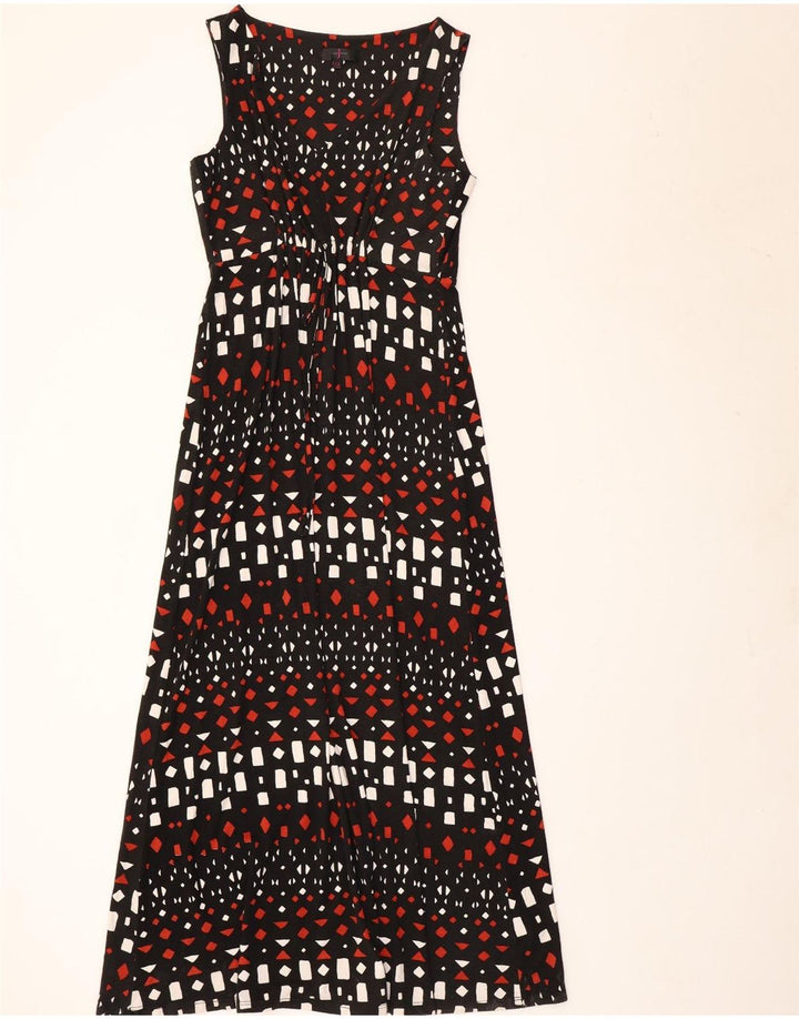 Vestido maxi feminino Jasper Conran sem mangas Reino Unido 12 médio preto geométrico