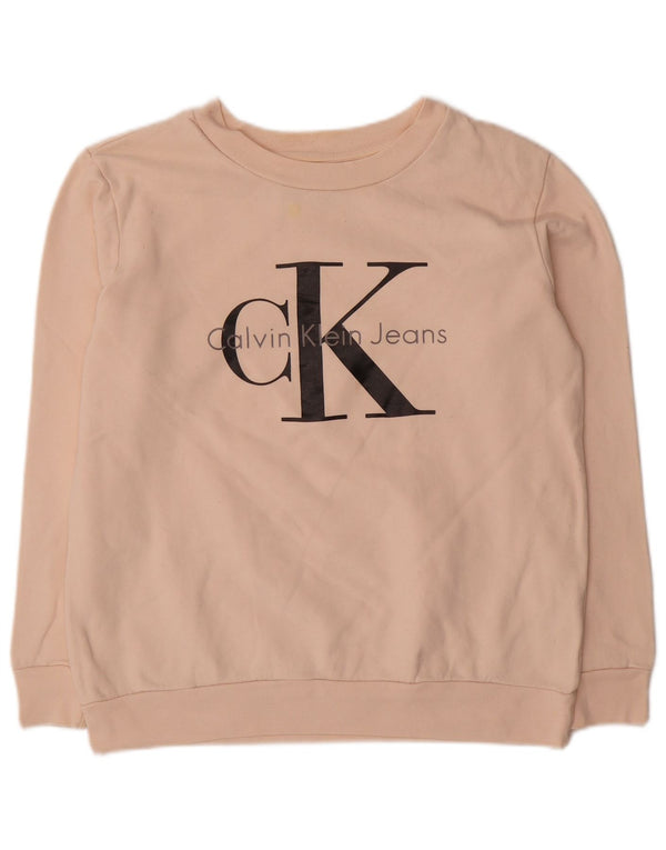 Calvin Klein Jeans feminino gráfico oversized moletom jumper UK 6 XS rosa