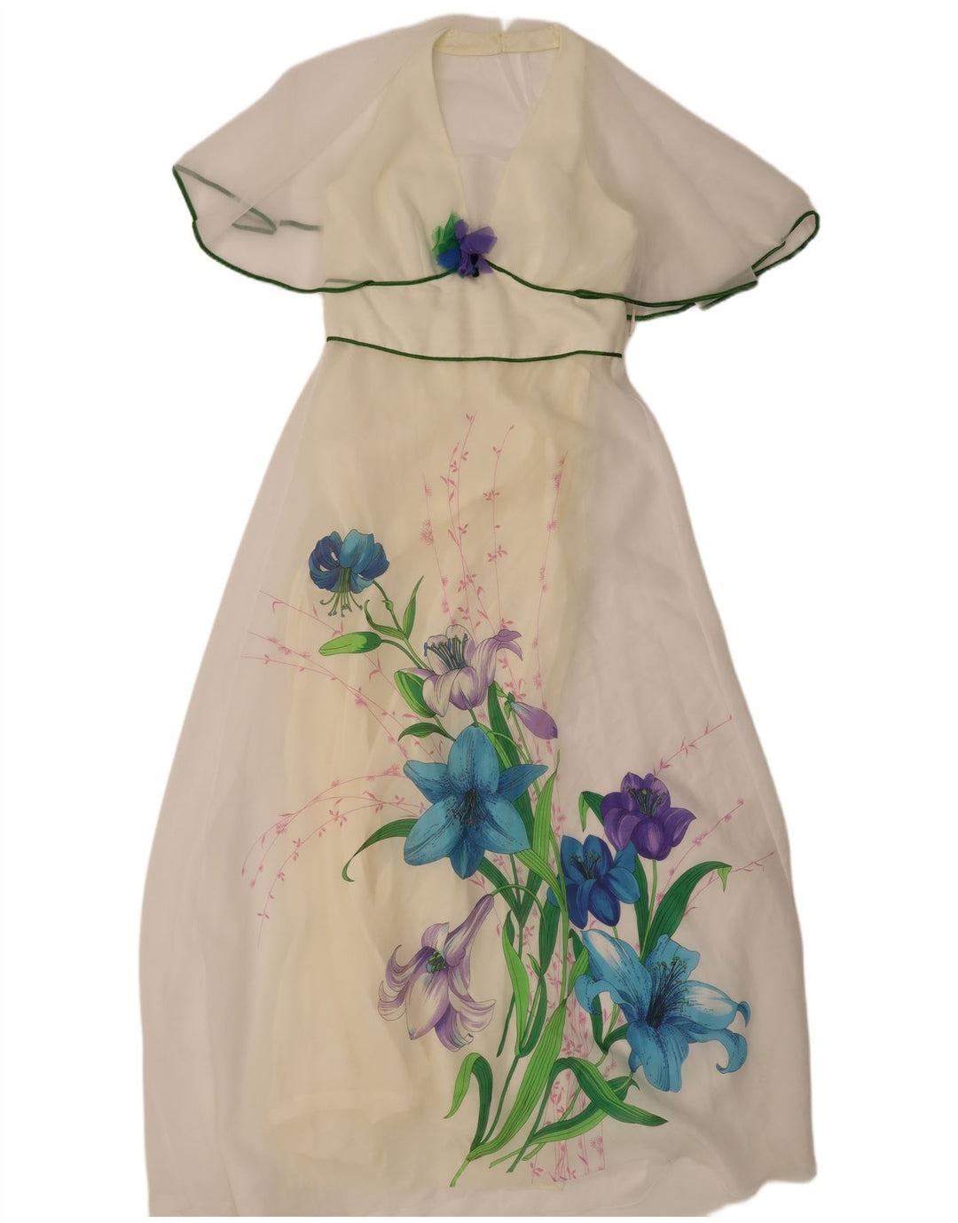 Vestido maxi feminino vintage IT 46 grande poliéster floral branco