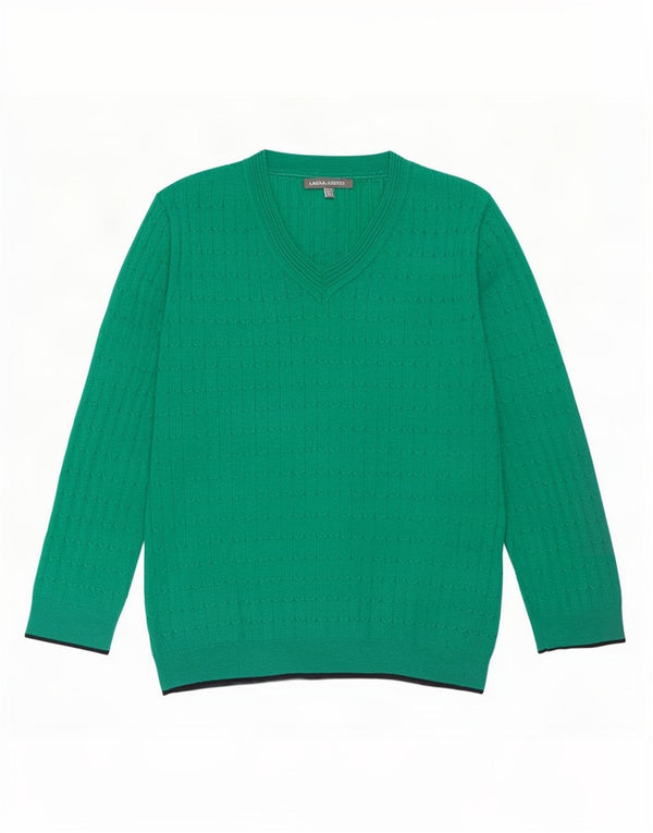 Suéter feminino Laura Ashley com decote em V Reino Unido 12 algodão verde médio