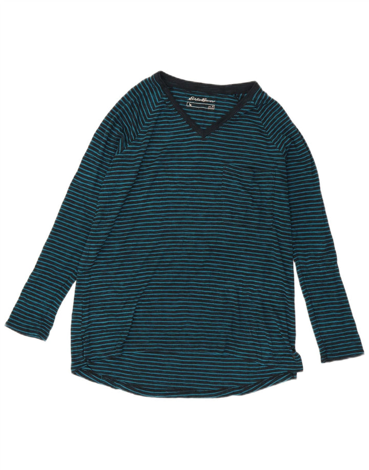 EDDIE BAUER Top feminino manga comprida UK 14 poliéster listrado azul médio
