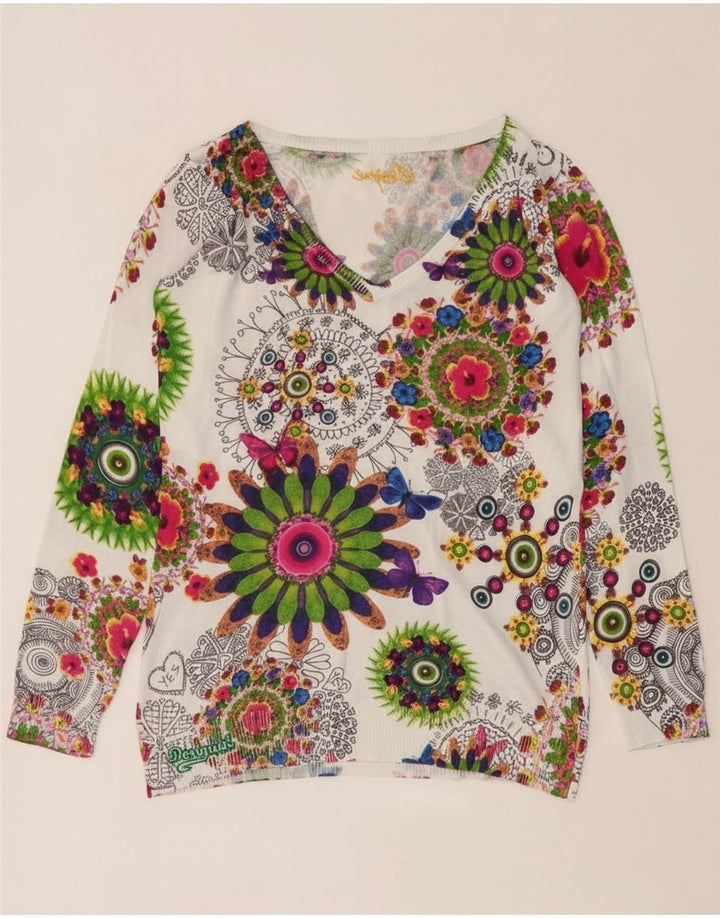 Suéter feminino Desigual com decote em V UK 14 médio multicolorido floral