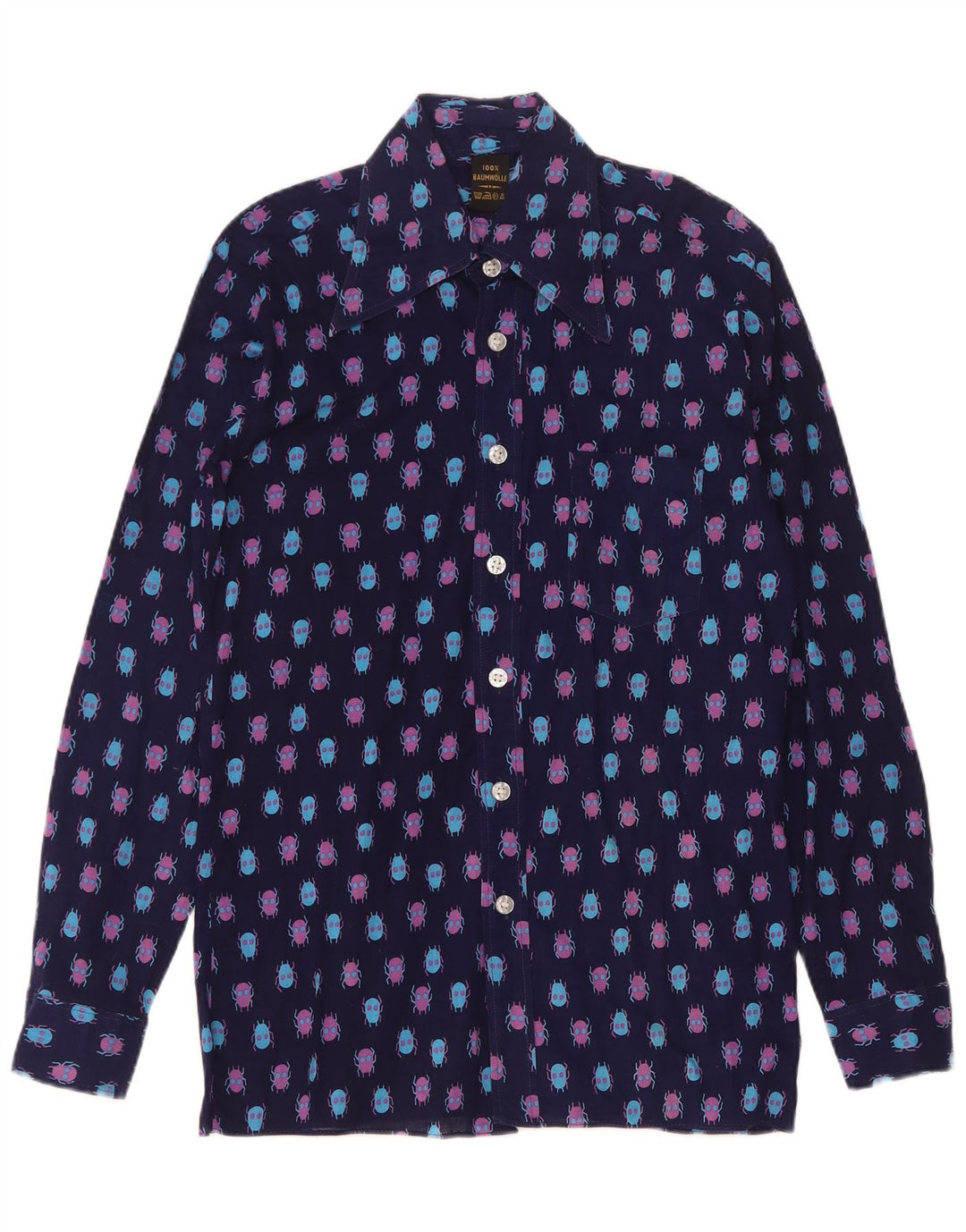 Vintage Masculino Abstrato Padrão Camisa Tamanho 37 Pequeno Algodão Azul Marinho
