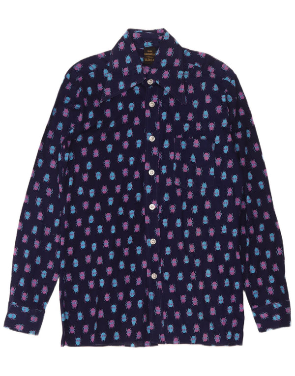 Vintage Masculino Abstrato Padrão Camisa Tamanho 37 Pequeno Algodão Azul Marinho
