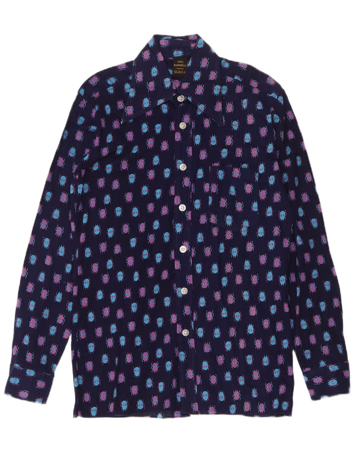 Vintage Masculino Abstrato Padrão Camisa Tamanho 37 Pequeno Algodão Azul Marinho