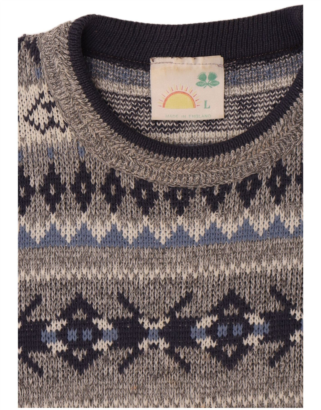 Suéter masculino vintage com gola redonda grande cinza Fair Isle