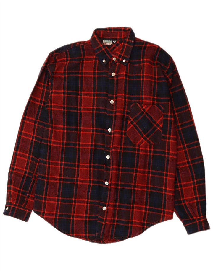 Camisa masculina vintage de flanela de algodão xadrez vermelho médio