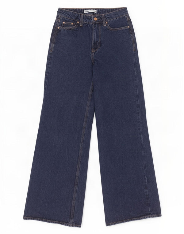 Calça jeans feminina Zara com perna larga EU 32 2XS W22 L31 algodão azul marinho