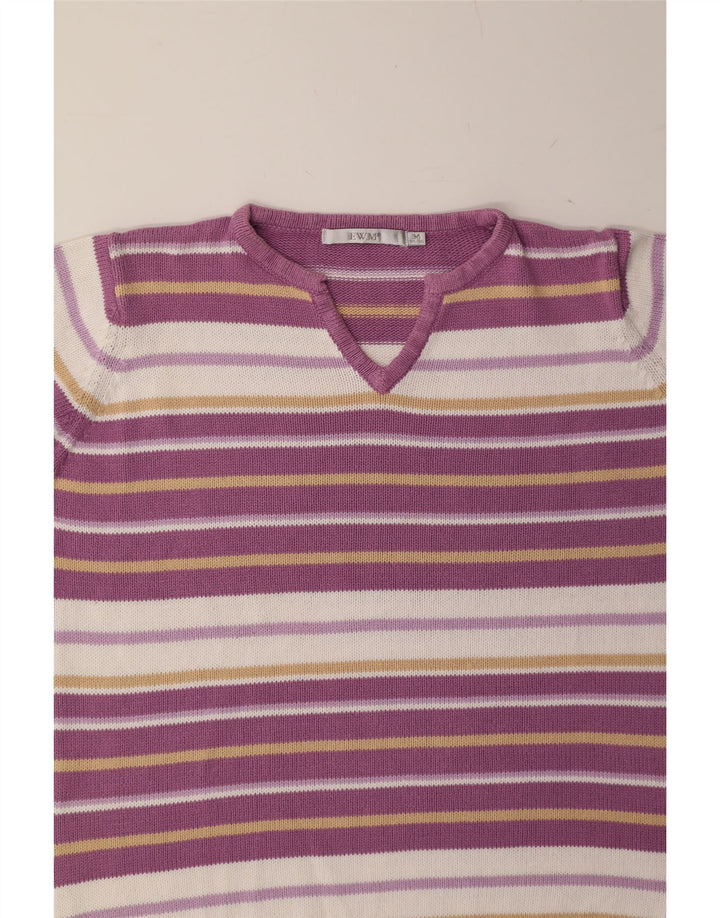 EWM Womens V-Neck Jumper Sweater UK 14 Medium Purple Striped Cotton Vintage EWM and Second-Hand EWM from Messina Hembry 