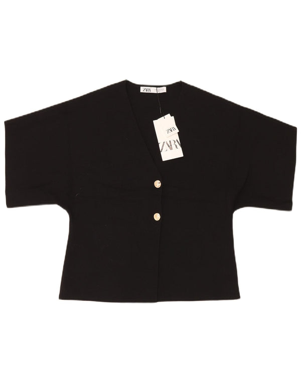 Zara Womens Short Sleeve Crop Top UK 12 Médio Preto Poliéster