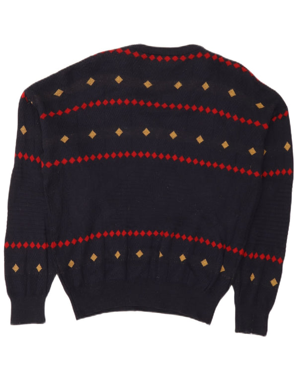 Suéter masculino vintage com decote em V UE 38 pequeno azul marinho geométrico