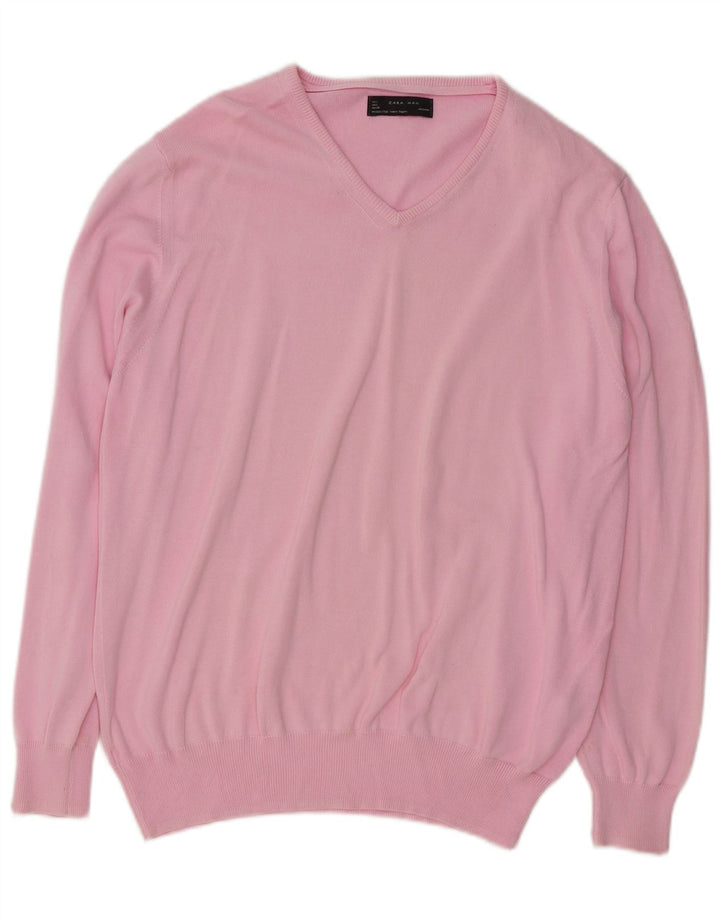 Suéter masculino Zara com decote em V grande algodão rosa