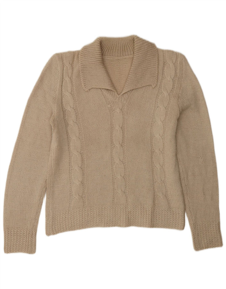Suéter feminino vintage com gola polo UK 14 médio bege