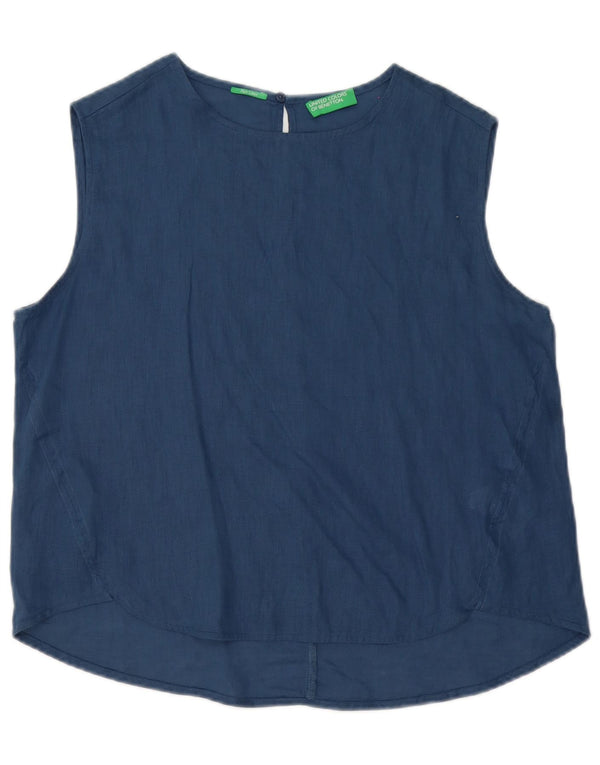 Blusa feminina oversized sem mangas Benetton Reino Unido 10 pequena linho azul marinho
