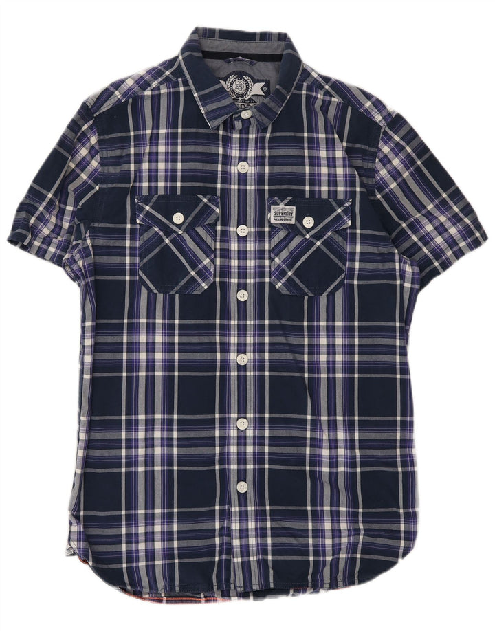 Camisa masculina Superdry de manga curta, algodão xadrez médio azul marinho