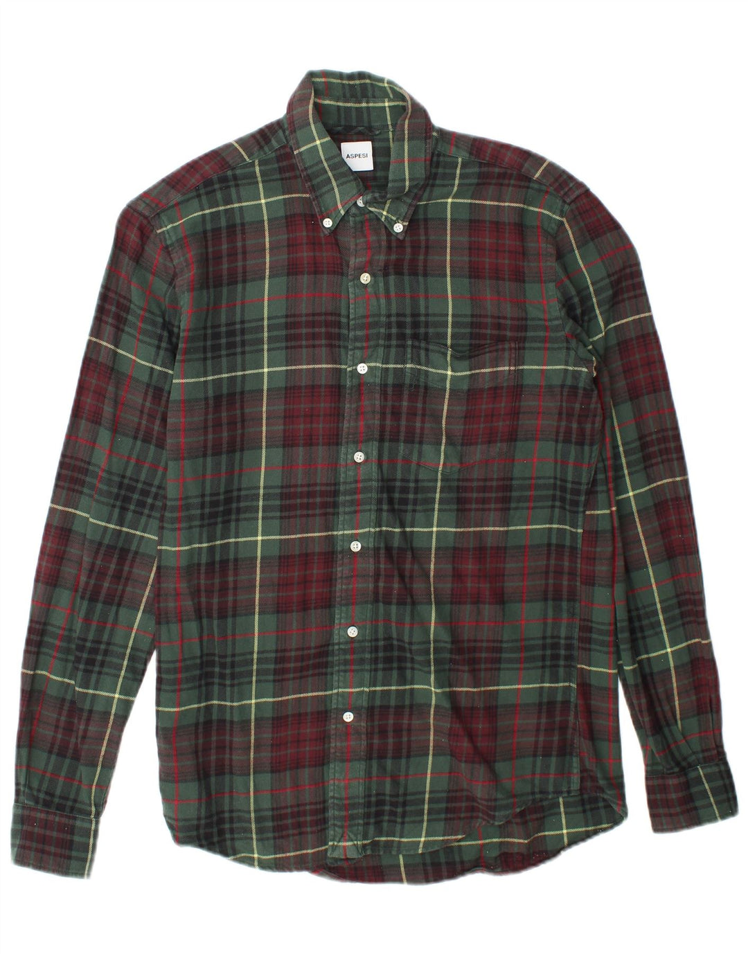 Camisa masculina de flanela Aspesi pequena verde xadrez algodão
