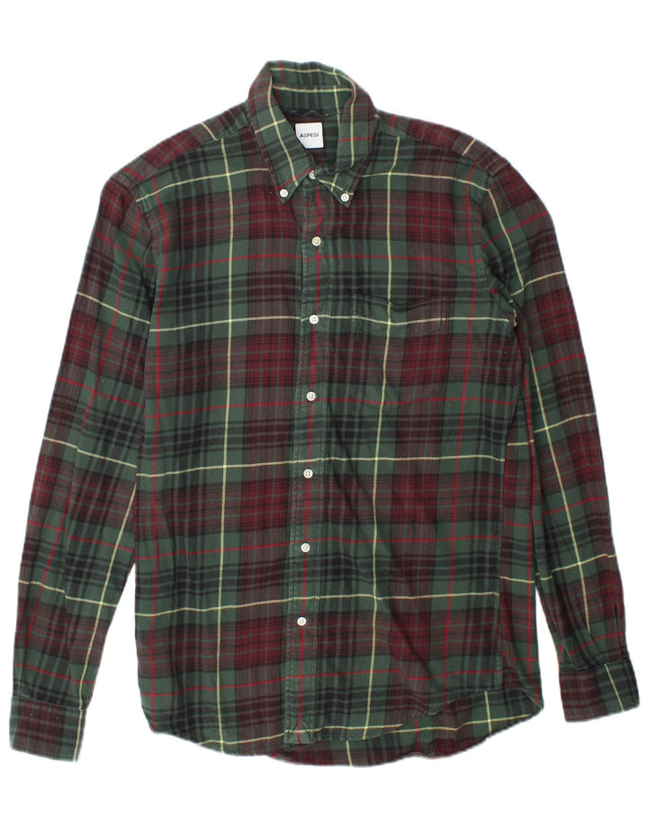 Camisa masculina de flanela Aspesi pequena verde xadrez algodão
