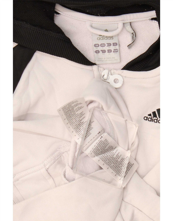 Suéter Adidas feminino com capuz e zíper Reino Unido 10 pequeno bloco colorido branco poliéster
