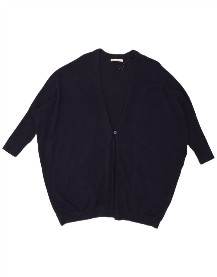 Suéter cardigã feminino Zara manga 3/4 grande Reino Unido 14 médio azul marinho