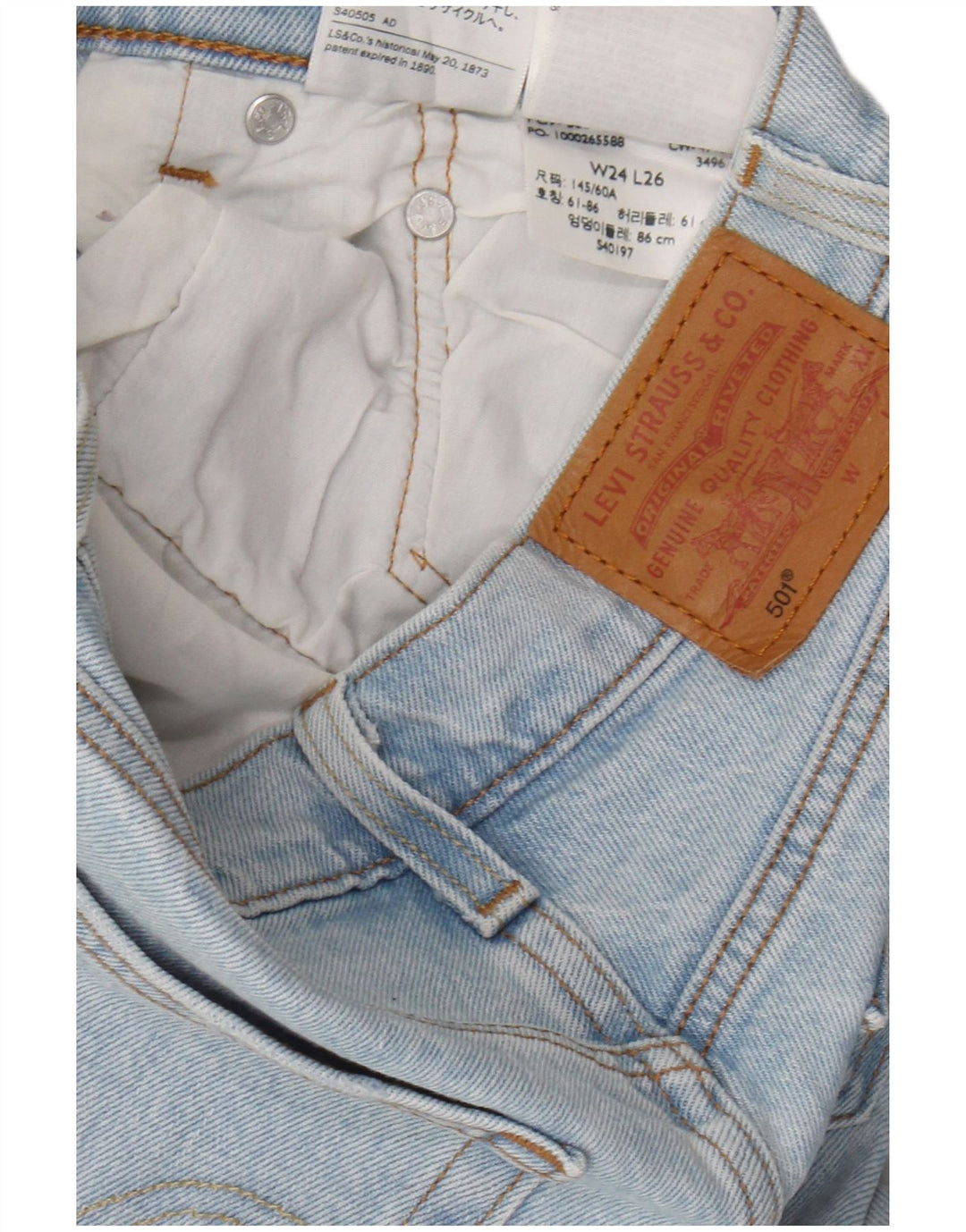 Levi's feminino 501 gráfico reto jeans W24 L26 algodão azul