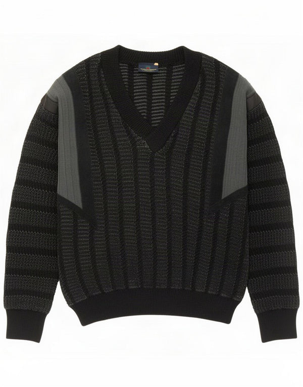 Vintage Mens V-Neck Jumper Sweater Medium Black Striped Acrylic