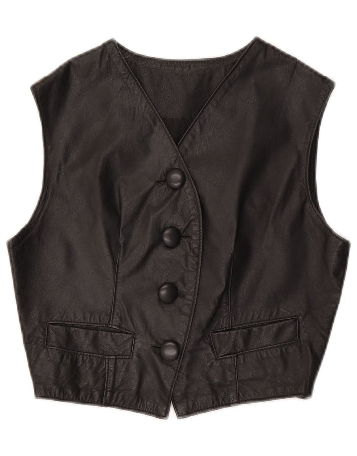 Colete de couro vintage feminino UK 10 pequeno preto